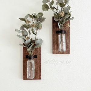 Rustic Wood Farmhouse Sconces, Wood Wall Sconces, Farmhouse Wall Decor, Propagation Wall Hanging, Glass Wall Vase Set of 2, Boho Wall Sconce image 1