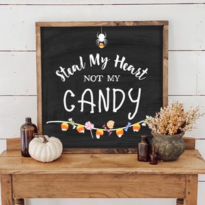 Steal My Heart Not My Candy Sign, Halloween Sign, Halloween Home Decor, Fall Wall Decor, Fall Farmhouse Decor, Rustiek Halloween Sign afbeelding 1