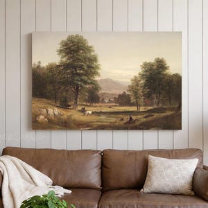 Vintage Wood Framed Cows Landscape Painting, 19th Century Wall Art