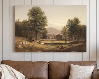 Vintage Wood Framed Cows Landscape Painting, 19th Century Wall Art