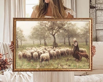 Vintage Field of Sheep Painting, Spring Artwork, Sheep Art, Vintage Art, Wall Art, Antique Art