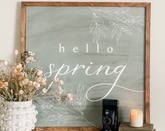 Hello Spring Sign | Spring Wood Framed Sign | Farmhouse Spring Decor | Rustic Wall Art | Signs for Spring