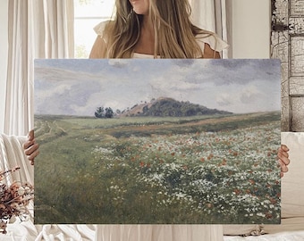 Vintage Poppies Field Oil Painting, 19th Century Landscape Canvas Art