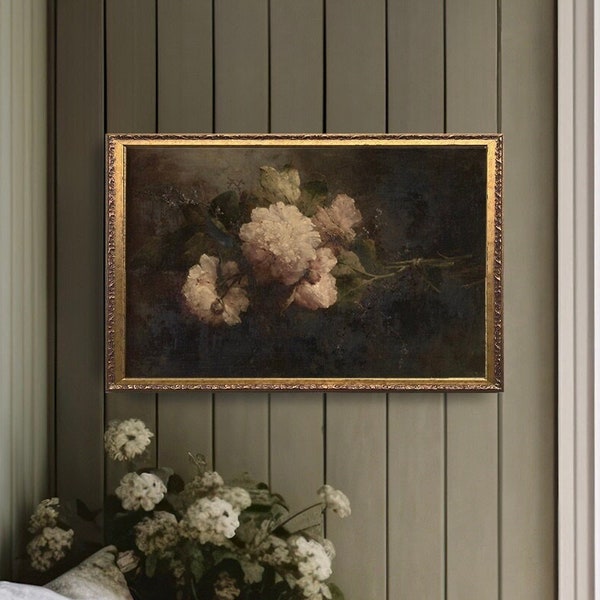 Moody Floral Peony Vintage Art, Vintage Painting Gold Framed, Antique Art, Floral Art, Farmhouse Wall Art, Vintage Painting