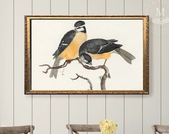 Two Yellow Birds Vintage Framed Wall Art, Vintage Art, Spring Bird Art, Wood Wall Art