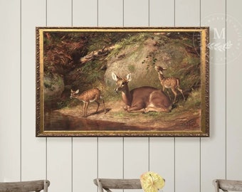 Wooded Fawns Vintage Framed Wall Art, Vintage Art, Deer Wall Art, Deer Art, Woodland Art
