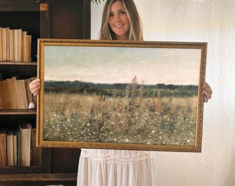 Vintage Gold Framed Meadow Painting, Floral Art, Vintage Wall Art, Antique Art, Vintage Art