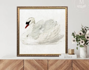 Vintage Art Swan Painting, Painting of Swans, Vintage Wall Art, Antique Gold Framed Art