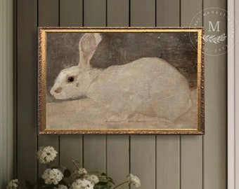 Vintage Art Rabbit Spring Painting, Spring Wall Art, Bunny Art, Vintage Wall Art