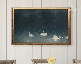 Vintage Art Evening Swans Painting, Vintage Wall Art, Antique Gold Framed Art, Swan Art