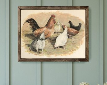 Vintage Chicken Painting Framed Art Print, Animal Art, Wood Framed Art, Wall Art
