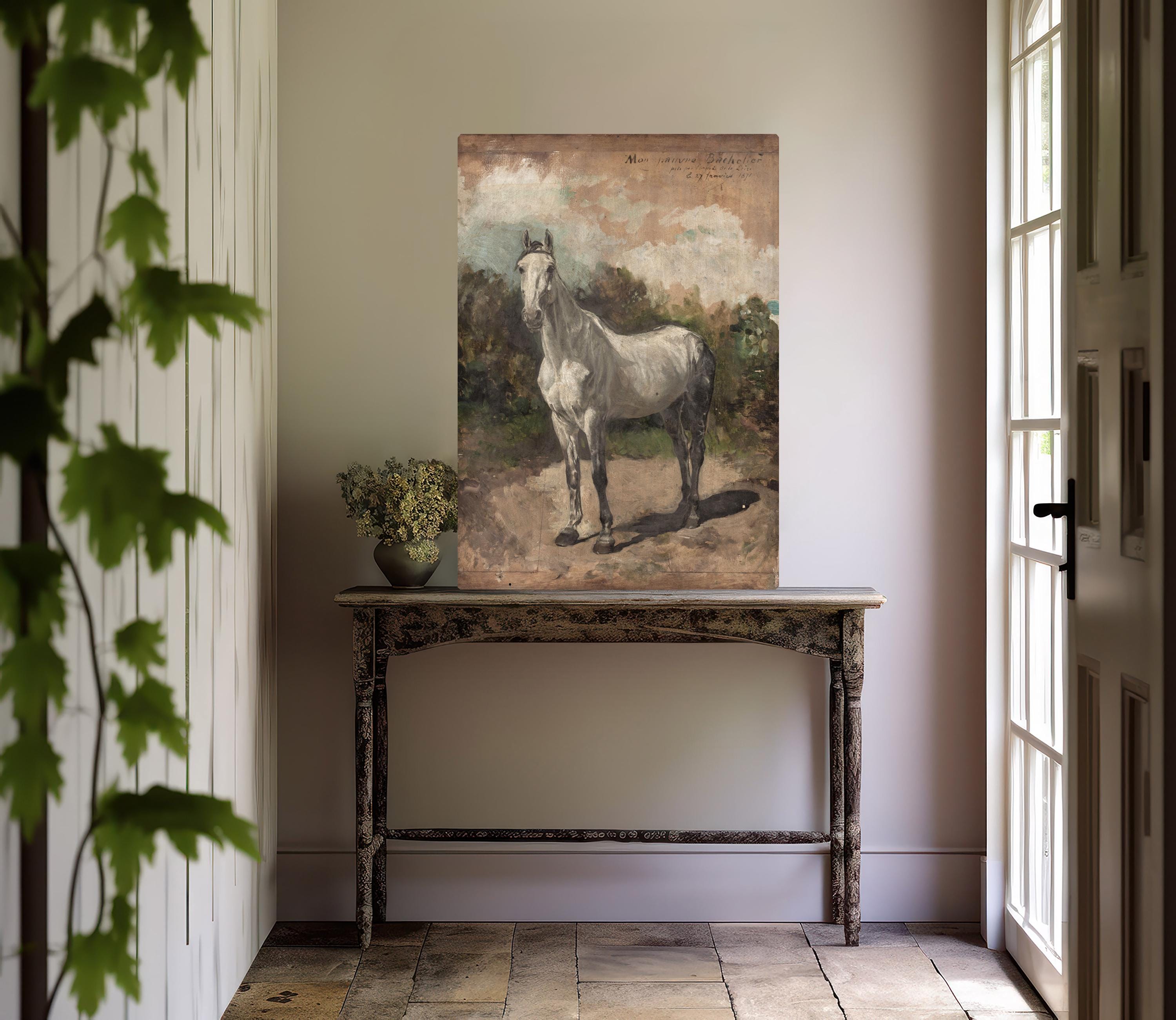 Vintage Art White Horse Equestrian Painting, Vintage Farmhouse Canvas Print, Antique Wall Decor, Horse Wall Art, Equestrian Decor