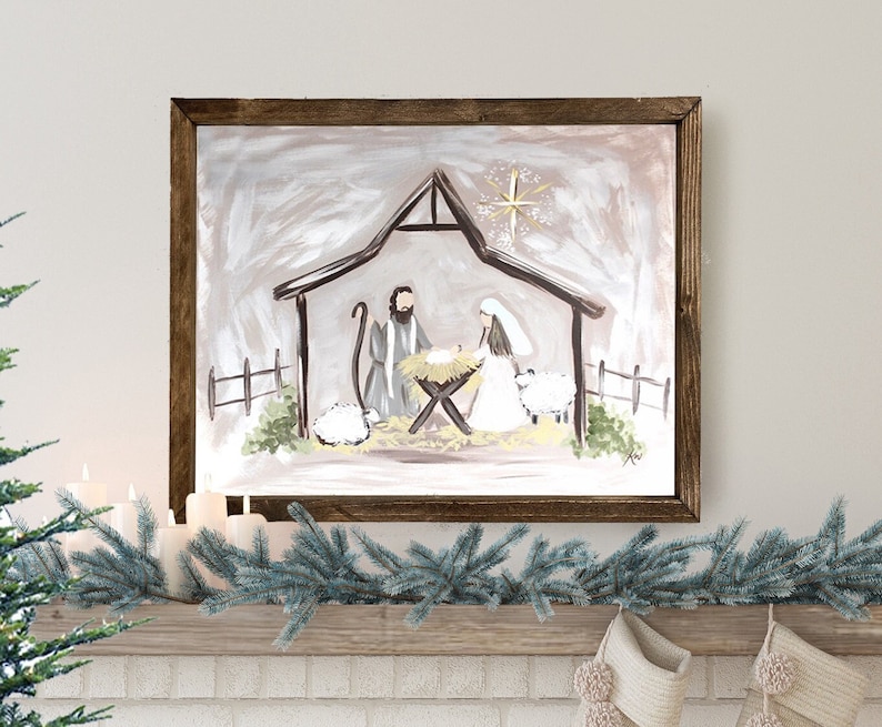 Pintura de Navidad de la Natividad, Navidad de la granja, decoración rústica de las vacaciones de Navidad, signo de arte de la pared de Navidad, impresión de calidad del regalo de Navidad imagen 1