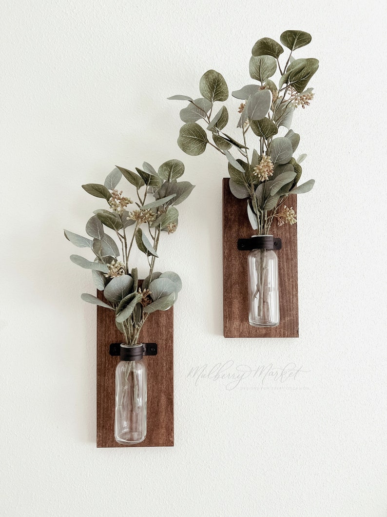 Rustic Wood Farmhouse Sconces, Wood Wall Sconces, Farmhouse Wall Decor, Propagation Wall Hanging, Glass Wall Vase Set of 2, Boho Wall Sconce Walnut