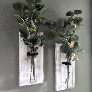 Rustic Wood Farmhouse Sconces, Wood Wall Sconces, Farmhouse Wall Decor, Propagation Wall Hanging, Glass Wall Vase Set of 2, Boho Wall Sconce Rustic White