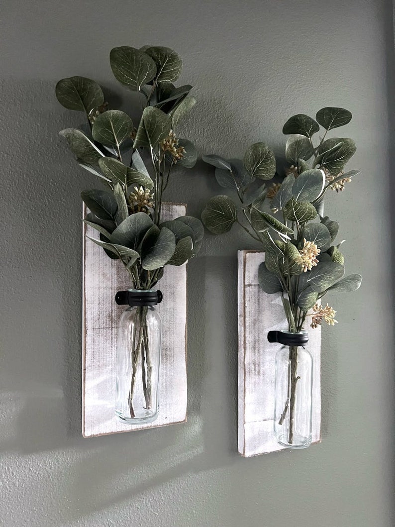 Rustic Wood Farmhouse Sconces, Wood Wall Sconces, Farmhouse Wall Decor, Propagation Wall Hanging, Glass Wall Vase Set of 2, Boho Wall Sconce Rustic White