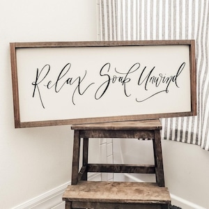Relax Soak & Unwind Bathroom Sign | Farmhouse Wall Decor | Wood Framed Sign | Rustic Wall Art | Framed Wall Art, Farmhouse Style