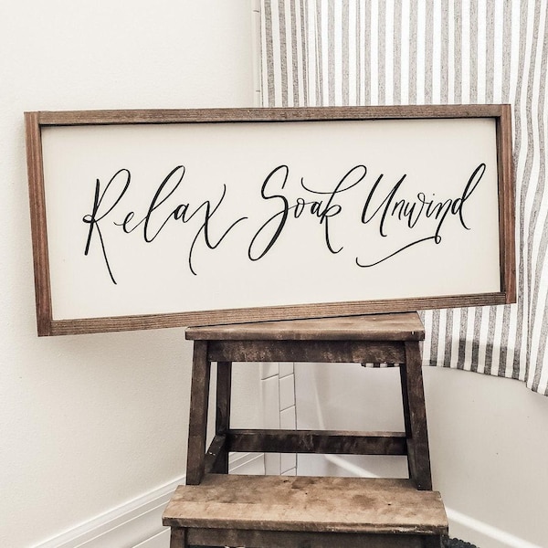 Relax Soak & Unwind Bathroom Sign | Farmhouse Wall Decor | Wood Framed Sign | Rustic Wall Art | Framed Wall Art, Farmhouse Style