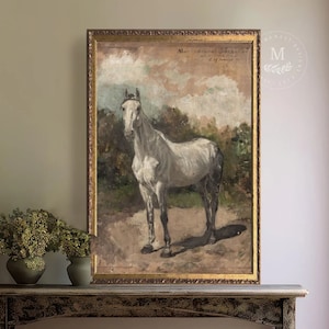 Vintage Art White Horse Equestrian Painting, Vintage Farmhouse Print, Antique Wall Decor, Horse Wall Art, Equestrian Decor