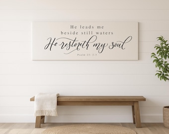 He Leads Me Beside Still Waters Canvas Sign, Bible Verse Sign, Canvas Sign, Christian Wall Art, Christian Art, Scripture Art