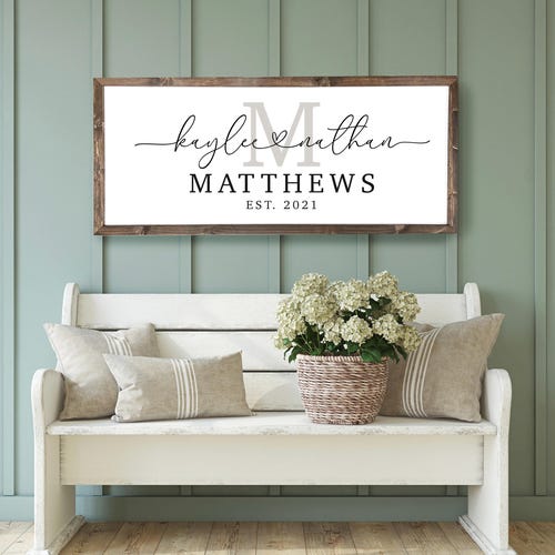Personalized Last Name Monogram Sign, Gift for Couple, Bedroom Sign, Over Bed Sign, Monogram Family Name Sign, Wood Framed Wall Art