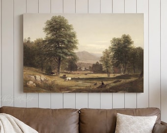 Vintage Art Grazing Cows Painting, Vintage Canvas Art, Fine Art, Landscape Painting, Antique Wall Art