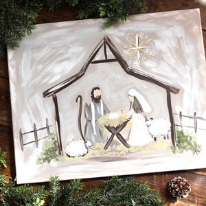 Pintura de Navidad de la Natividad, Navidad de la granja, decoración rústica de las vacaciones de Navidad, signo de arte de la pared de Navidad, impresión de calidad del regalo de Navidad imagen 3