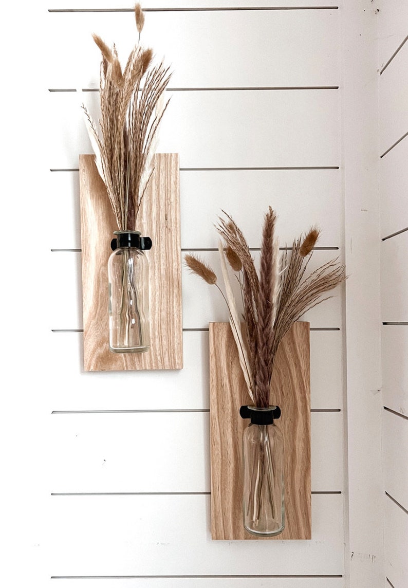 Rustic Wood Farmhouse Sconces, Wood Wall Sconces, Farmhouse Wall Decor, Propagation Wall Hanging, Glass Wall Vase Set of 2, Boho Wall Sconce image 3