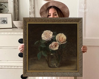 Vintage Art Trois Roses Painting, Moody Art, Roses Wall Art, Vintage Wall Art