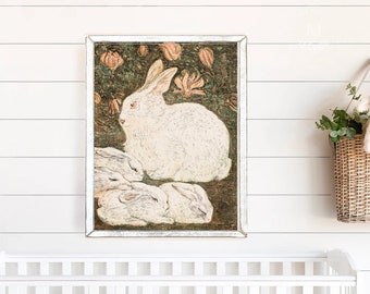 Sleeping Rabbits Vintage Wall Art, Spring Rabbit Art, Nursery Wall Art, Bunny Art