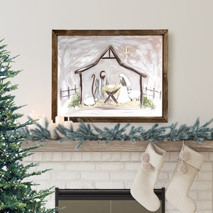 Pintura de Navidad de la Natividad, Navidad de la granja, decoración rústica de las vacaciones de Navidad, signo de arte de la pared de Navidad, impresión de calidad del regalo de Navidad imagen 2