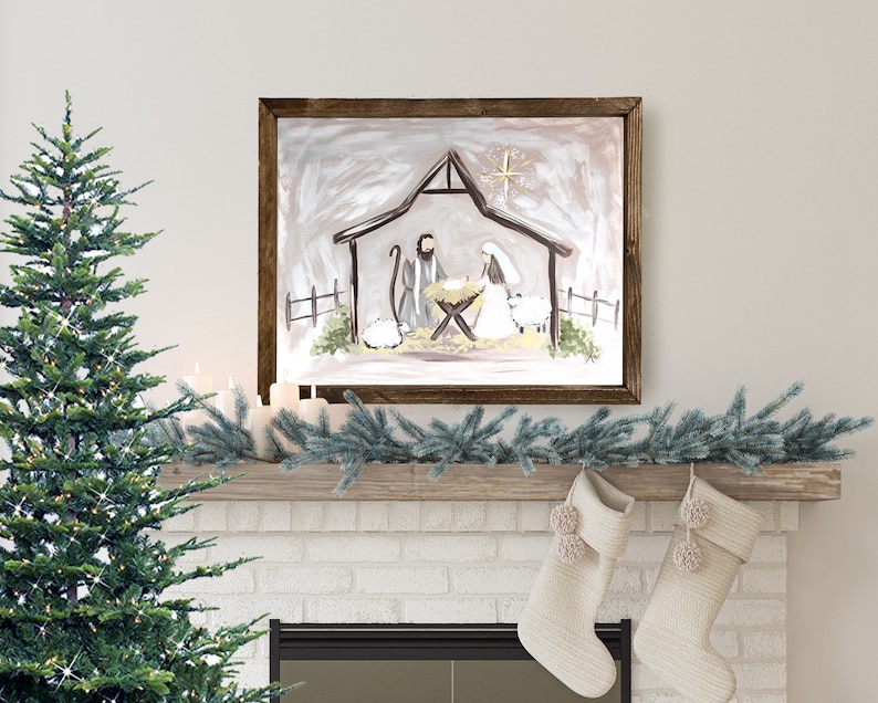 Pintura de Navidad de la Natividad, Navidad de la granja, decoración rústica de las vacaciones de Navidad, signo de arte de la pared de Navidad, impresión de calidad del regalo de Navidad imagen 2