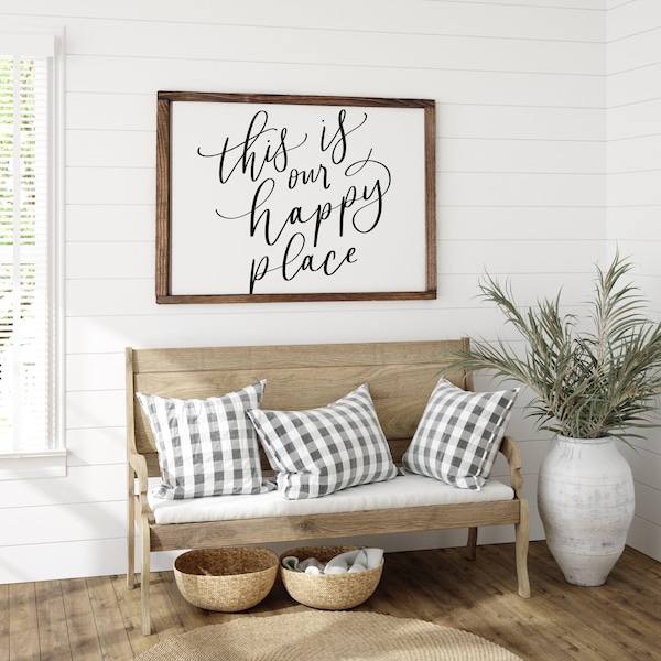 This is Our Happy Place Sign | Living Room Signs | Wood Framed Sign | Farmhouse Signs | Above the Couch Sign | Entryway Sign