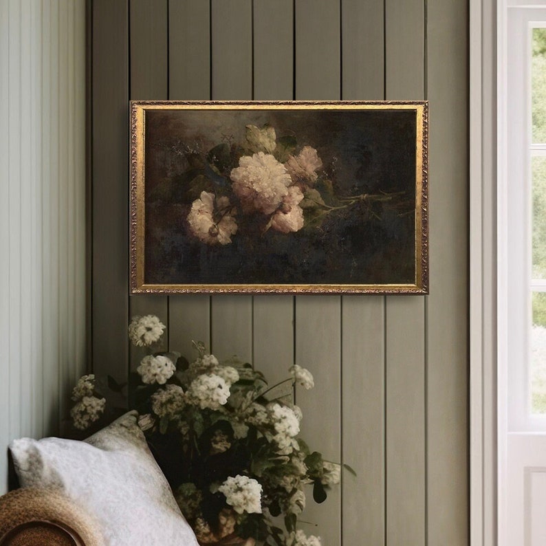 Moody Floral Peony Vintage Art, Vintage Painting Gold Framed, Antique Art, Floral Art, Farmhouse Wall Art, Vintage Painting image 1