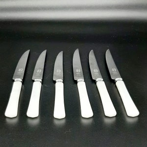 4 White Pearlized Plastic Handle Steak Knives 10809