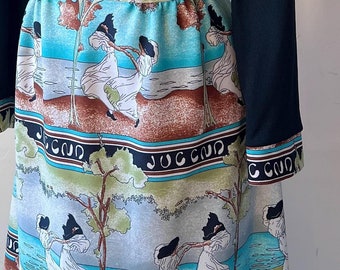 70s Pucciesque Design Polyester Knit Garden Party Festival Maxi Dress Mucha Style Girls Dancing Peek a Boo Bodice L Rontini Leonard Paris