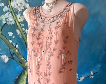 Antique Vintage 1920s Nude Pink Peach Silk Crepe Beaded Gatsby Flapper Dress Restored Ready to Wear Art Deco Short Bridal Reception Dress S