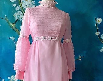 Bridgerton 70s Lantern Sleeve Bridesmaid Dress Pink Barbie Dress Costume Empire Maxi Pink Chiffon Smocked Look Eyelet Lace Velvet Ribbon M