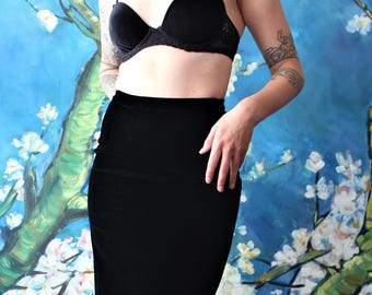High Waist Black Velvet Fit Flare Skirt Formal 70s Maxi Length Tea Length Skirt made expressly for Joie de Vivre 26" waist, 38" hip