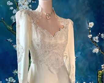 70s does 40s Ivory Satin Wedding Gown Queen Anne Neckline Padded Shoulders Lace Applique Princess Bride Wedding Dress Victorian Bodice S