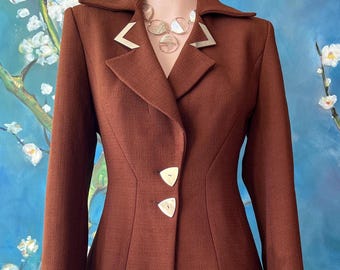 Vintage Brown Skirt Suit Polyester Long Lapel Collar Sexy 60s Look Padded Shoulders Two Piece Suit US size S, Europe 38 by VALORIE KARETTA