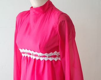 Jane Eyre 70s Empire Waist Dress 70s Long Prom Dress Empire Dress Bright Raspberry Pink Chiffon Maxi Dress Empire Line Dress size S Petite