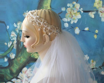 Priscilla of Boston White Eggshell Halo Crown Cathedral Blusher Drop Veil Long Wedding Veil Headband Chapel Wedding Veil