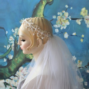 Priscilla of Boston White Eggshell Halo Crown Cathedral Blusher Drop Veil Long Wedding Veil Headband Chapel Wedding Veil image 1