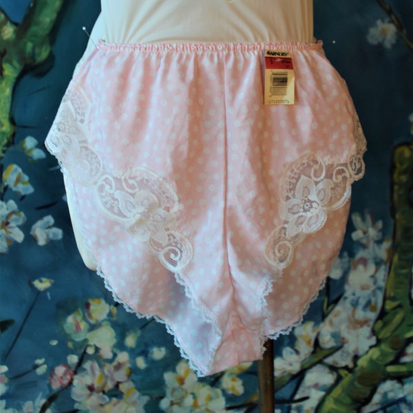 NOS 80s Tap Pants Soft Pink Polka Dot White Lace Edge High Waist High Cut Leg 80's Pantie size Small by Warners NWT