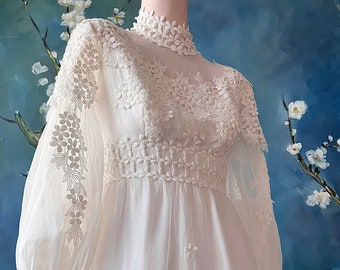 Bridgerton Vibe 70s Beach Wedding Gown White Chiffon Bishop Sleeve Modest Empire Bodice Embellished Daisy Lace Priscilla of Boston Style S-M