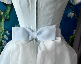 60s Cottagecore Princess Bride Cinderella Blue Bridal Gown White Silk Organza Lace Appliqué Back Bustle Bow Train Handmade Wedding Dress M