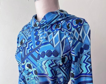 60's Mod Blue Abstract Print Pucci Vibes Silk Dress Resort Wear Lined with Silk Sheath Dress Cowl Neck size M Custom made by Hubbards