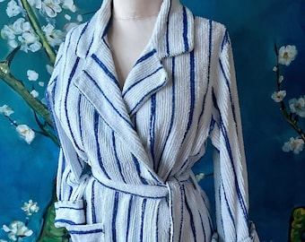 60s Bath Robe White with Blue Diagonal Stripes Chenille Wrap Front Long Sleeves Pocket Long Robe size M by At Home Wear