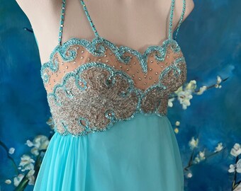 1970s Aqua Chiffon Maxi Mermaid Dress Deep Side Slits Rhinestone Bead Sequin Illusion Nude Empire Bodice Formal Prom Dress S by Mike Benet